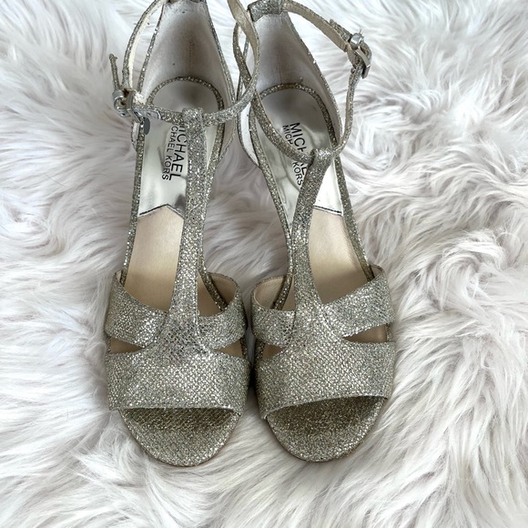 MICHAEL KORS•silver glitter T-strap peep toe stiletto heels 8 EUC - Picture 3 of 6